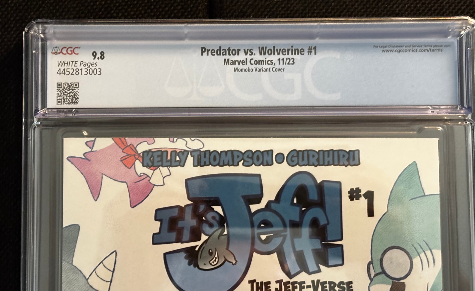 Trading card in a protective case with colorful design and text