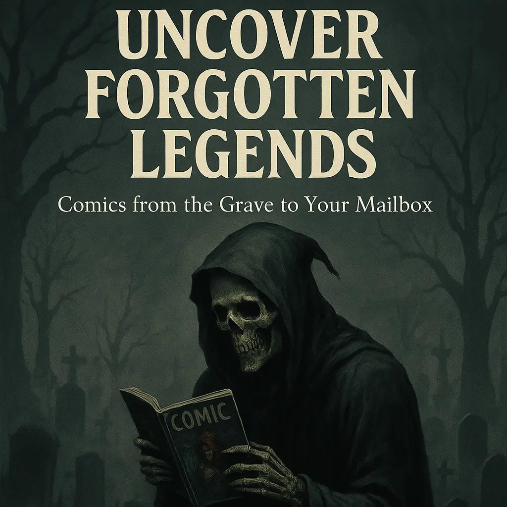 Promotional graphic for 'Uncover Forgotten Legends' with a grim reaper reading a comic book in a graveyard setting.